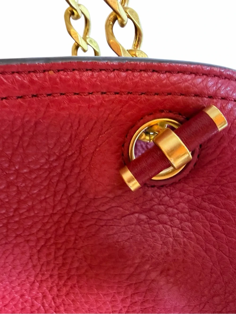 Tory Burch Deep Red Pebbled Leather Gold Chain Shoulder Tote Bag
